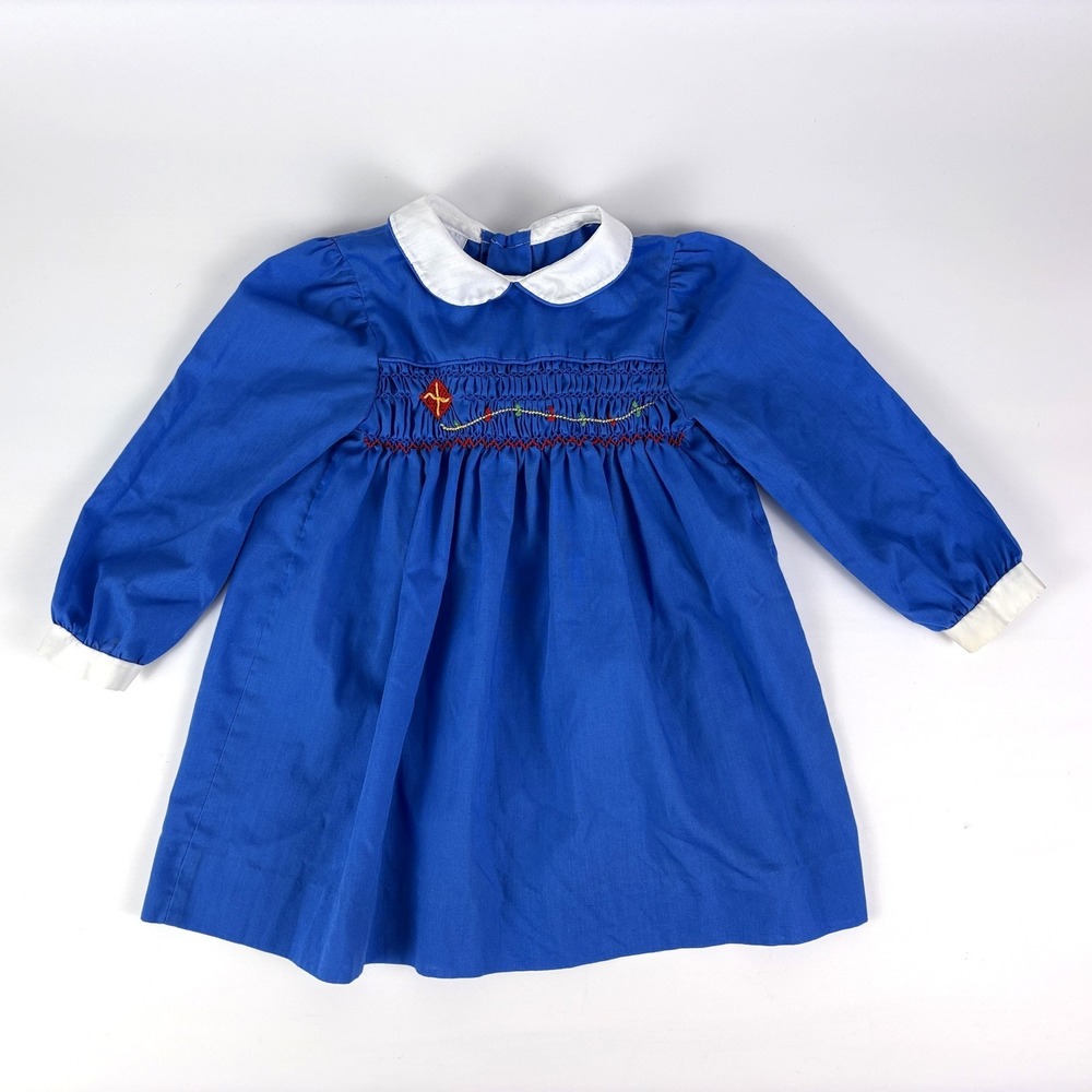 VTG Polly Flinders Smocked Embroidered Dress Sz 4T Blue Kite Peter Pan Collar‎
